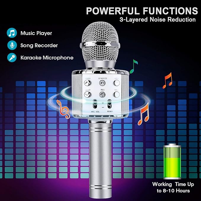BlueFire 4 in 1 Karaoke Wireless Microphone with LED Lights, Portable Microphone for Kids, Great Gifts Toys for Kids, Girls, Boys and Adults (Silver)