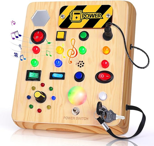 Busy Board with LED Light, Wooden Sensory Toys for Toddler, Montessori Music Toy for Airplane, Travel Activity Educational Learning Autism Toys, Birthday Boys Girls Gifts