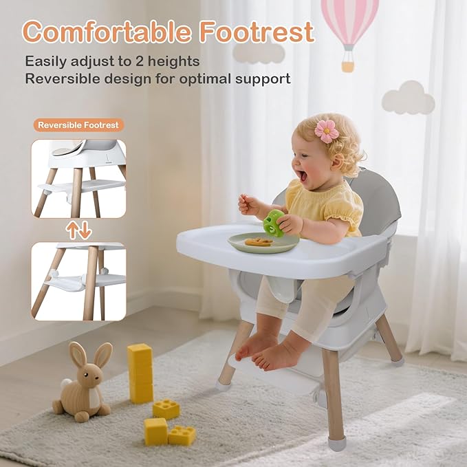 9 in 1 Convertible Baby High Chair with Booster, Wooden Highchair for Babies and Toddlers with Adjustable Tray & 5-Point Harness, Multi-Functional Growing Seat for Feeding, Learning & Play, Gray
