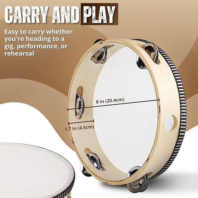 Flexzion Wood Handheld Tambourine 8" Inch Single Row 5 Pair Jingles (2 Pack, Wood) - Hand Held Percussion Drum Moon Musical Tambourine with Ergonomic Handle Grip