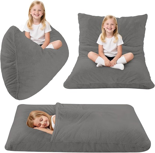 COMAX 3-in-1 Bean Bag Chair for Kids, Toddler Beanbag Bed, Convertible Child Floor Lounger, Floor Mattress with Filler for Girl Boy Sleeping Reading, Grey