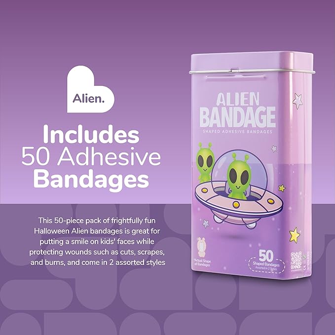 BioSwiss Bandages, Halloween Alien Shaped Self Adhesive Bandage, Latex Free Sterile Wound Care, Fun First Aid Kit Supplies for Kids, 50 Count