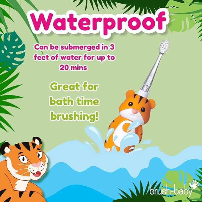 brush-baby WildOnes™ Rechargeable Kids Electric Toothbrush – Toby Tiger | Flashing Lights, 2-Min Timer, Waterproof, 3 Brush Heads | Toddler & Child Toothbrush Ages 0-10 | Soft Bristles