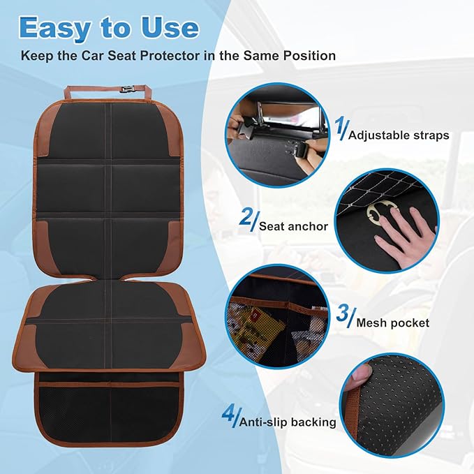 Car Seat Protector for Child, 2 Pack With Mesh Pockets & Non-Slip Backing 600D Durable Under Baby Seat Cover for Back Seat (Dark Brown, Standard)