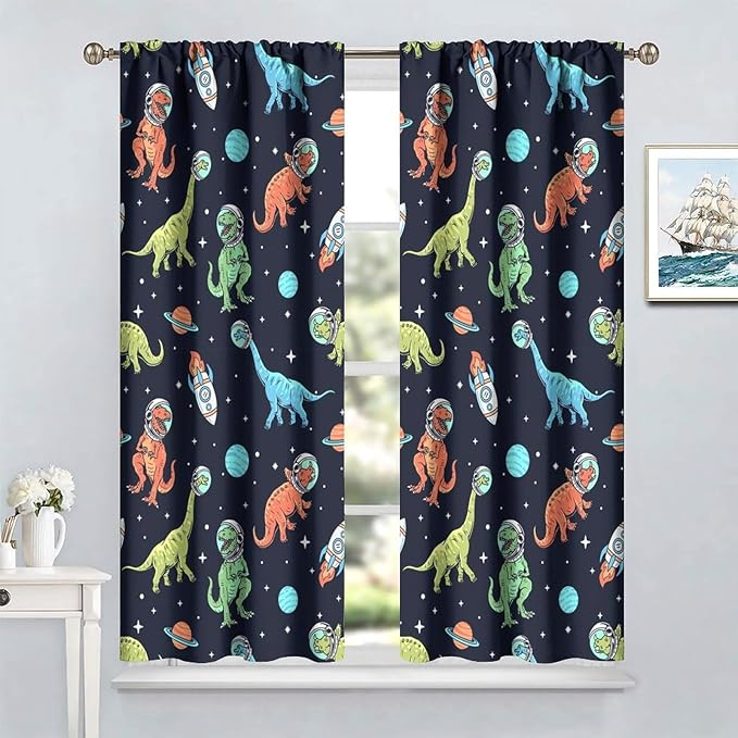 Cartoon Dinosaur Curtains for Kids Boys Girls Home Decor, Astronaut Rocket Funny Outer Space Blackout Rod Pocket Window Drapes for Bedroom Living Room W27.5xL63in 2 Panels