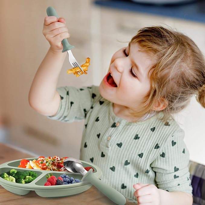 Baby Feeding Set, 2 Pack Silicone Baby Plates with Suction, 2 Pack Spoons and Forks Set for Toddler Utensils, BPA Free, Baby Led Weaning Supplies for Eating Essentials