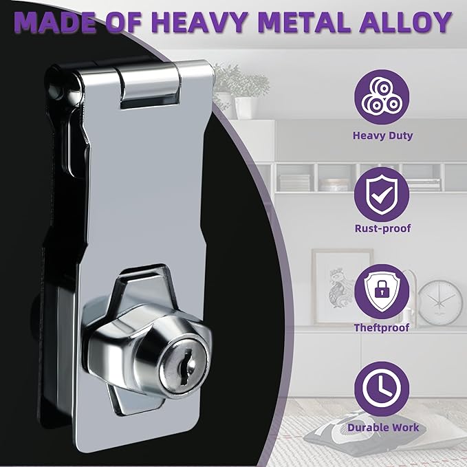 Alise Keyed Hasp Lock,4 Inch Safety Packlock Clasp Hasp Lock Latch with Lock,Door Hinge Lock with Keys Keyed Locking Hasp for Cabinets Closets Doors,Chrome