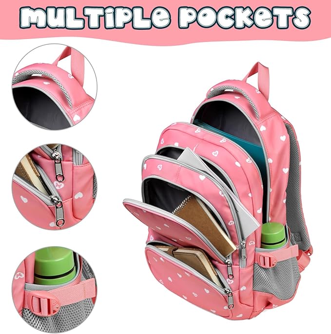 BLUEFAIRY Lightweight Water Resistant Backpack for Girls, Pink, 5-9 Years, Laptop Compartment, Adjustable Shoulder Straps, Breathable Mesh