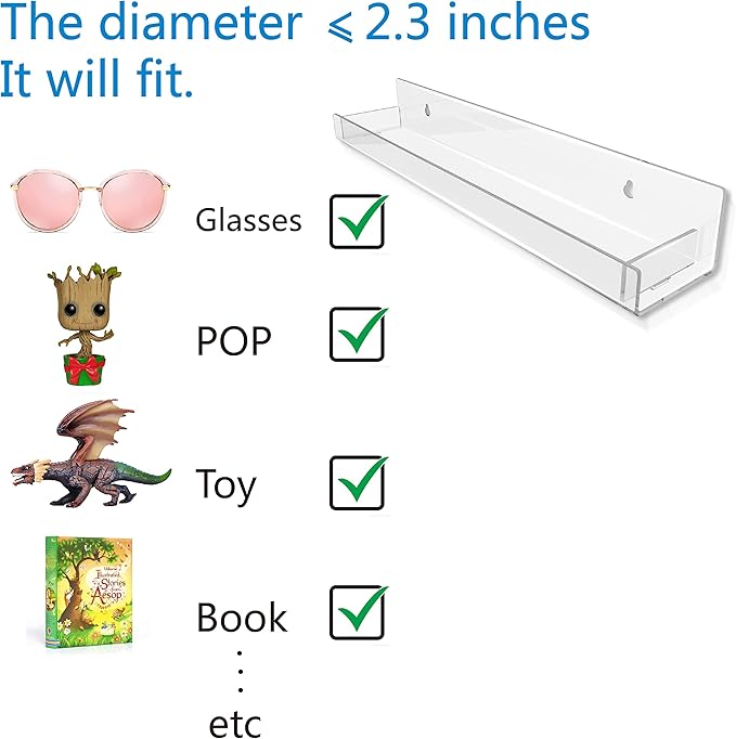 8 Pack 15 Inch Clear Acrylic Shelves, Clear Kids Floating Bookshelf for Kids Room, Modern Nail Polish Rack Sunglasses Essential Oil Picture Ledge Display Toy Storage Wall Shelf