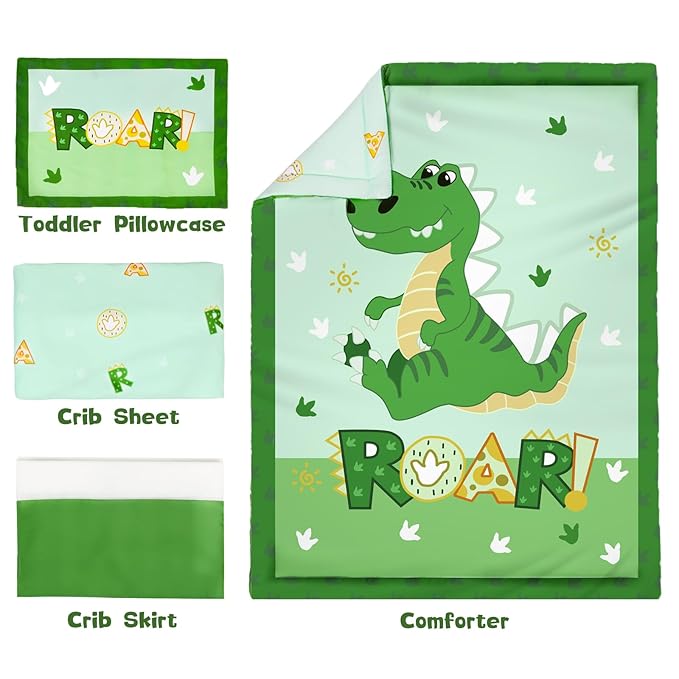 Cloele Crib Bedding Set for Boys,4 Piece Dinosaur Baby Bedding Set,Standard Size Toddler Nursery Bedding Includes Comforter,Crib Skirt,Fitted Sheet&Pillowcase,Soft Dinosaur Blanket-Green
