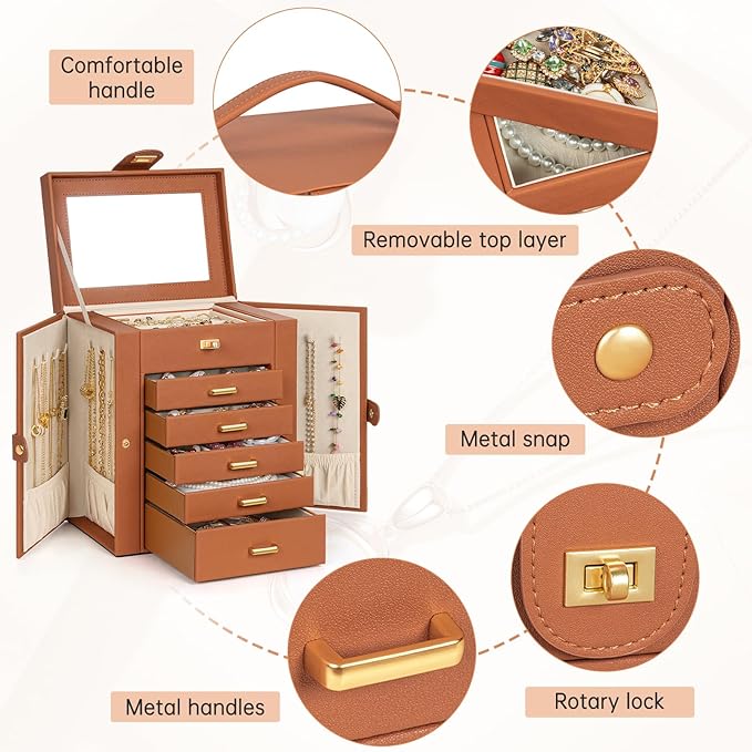 AKOZLIN Jewelry Box Organizer Functional Leather Jewelry Storage Case for Women Girls Ring Necklace Earring Bracelet Holder Organizer with Mirror