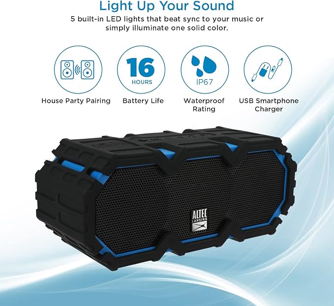 Altec Lansing LifeJacket Mini - Waterproof Bluetooth Speaker with Lights, Portable Wireless Speaker for Pool, Beach, Hiking, Sports, Camping, 16 Hour Playtime, Floats in Water
