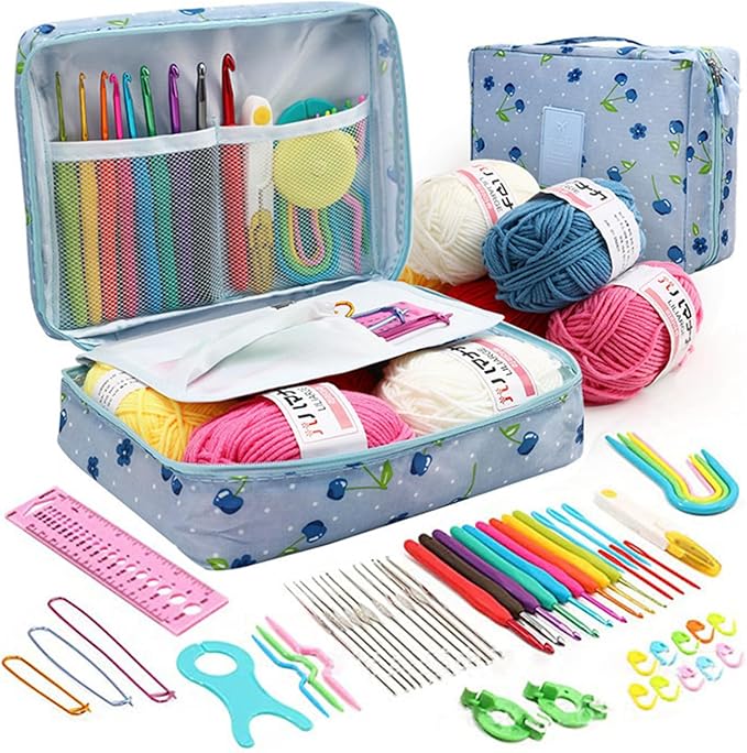 ARMINACO Crochet Kit for Beginners & Adults – 59pcs Complete Starter Set with Ergonomic Hooks (0.6-6.0mm), Yarn, Tools & Travel Bag – Craft Gift for Women, Teens & Seniors