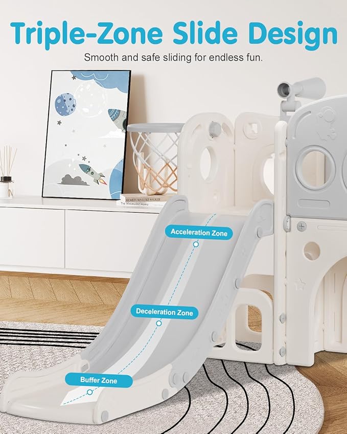 Babytronic Toddler Slide Set, 8 in 1 Kids Slide with Climber, Indoor Outdoor Slide for Toddlers Age 1-3, Toddler Playset with Basketball Hoop and Tunnel, Toddler Indoor Outdoor Playground (White&Gray)