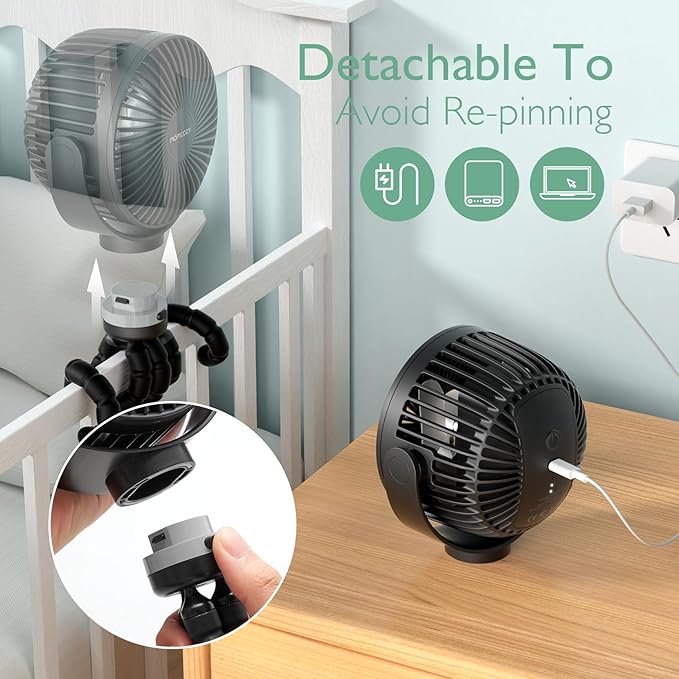 Momcozy 8000mAh Portable Stroller Fan, 27H Ultra-long Life Detachable 4 Speed 360°Rotate LED Night Light with 2 Modes, USB Rechargeable Handheld Cooling Fan for Travel/Bedroom/Car Seat