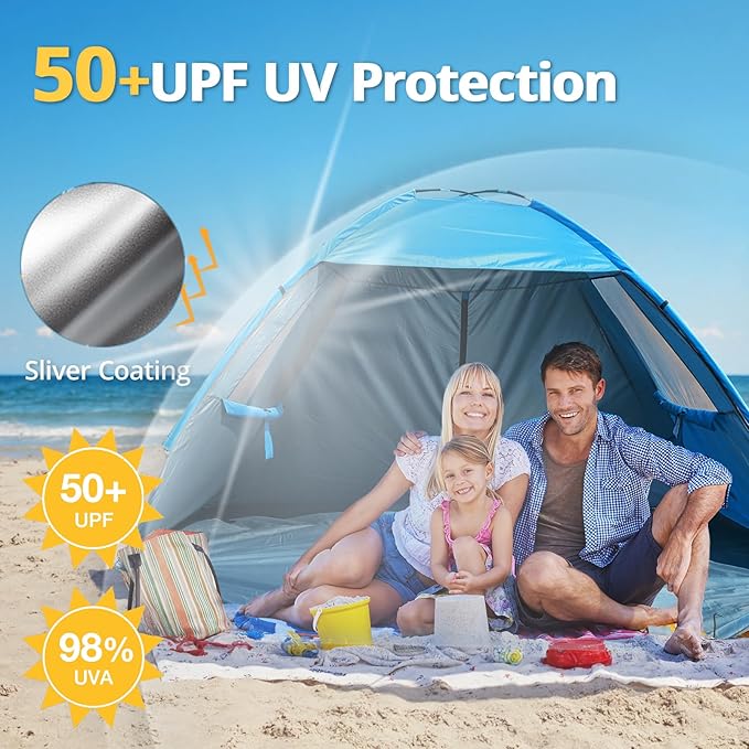 CAMEL CROWN Beach Tent UPF 50+ Sun Shelter for 2/3/5/6 Person, Lightweight Portable Sun Shade with Sand Anchor, Family Beach Day & Outdoor Adventures