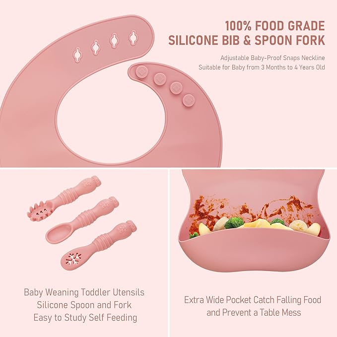 Baby Weaning Set - Silicone Toddler Feeding Set (10 Pcs) with Adjustable Bib, Suction Bowl, Plate, Fork, Spoon, Water & Snack Cup Kit - Baby Led Weaning Kit