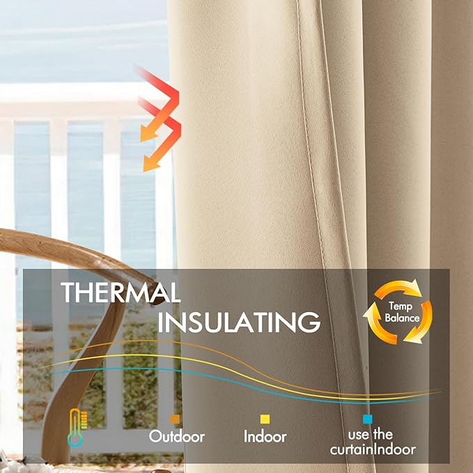 ANRODUO Back Tab Blackout Curtains for Bedroom Living Room, Rod Pocket Pinch Pleated Thermal Insulated Room Darkening Curtains 54 Inches Long 2 Panels, Beige, 42 x 54 Inch