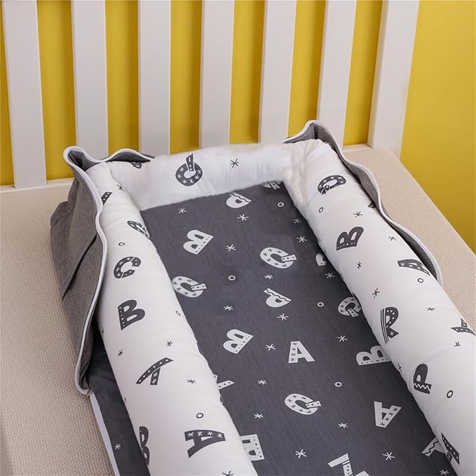 Baby Lounger for Newborn Portable Bag,Baby Nest Play Gym mat with Strap,Newborn Lounger Adjustable Size & Inner Zipper Lengthen Space to 24 Months(Letter Gray)