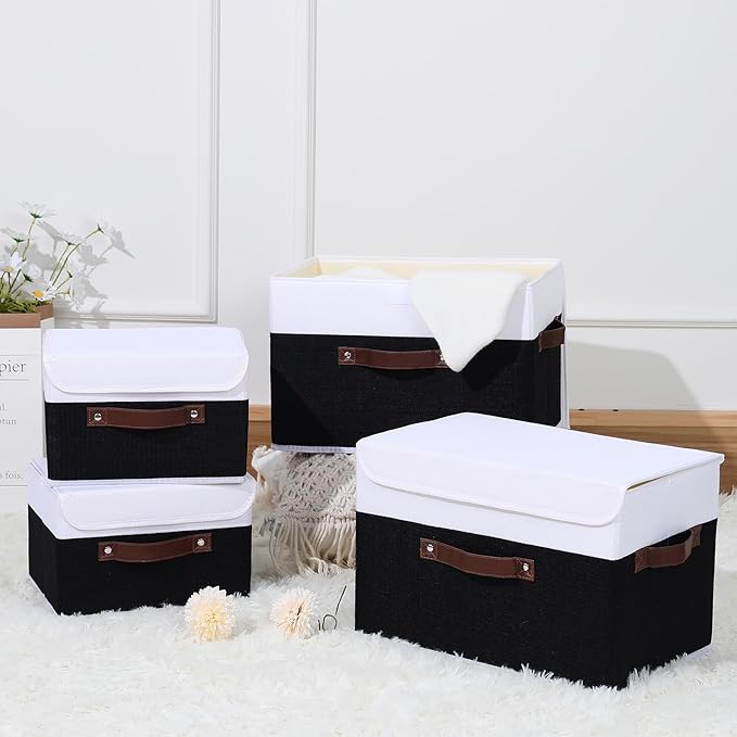ANMINY 4PCS Storage Boxes with Lid Washable Decorative Storage Bins Basket with PU Leather Handle Foldable Linen Fabric Storage Cubes Containers for Home Closet Organizer - Black White, Small Size