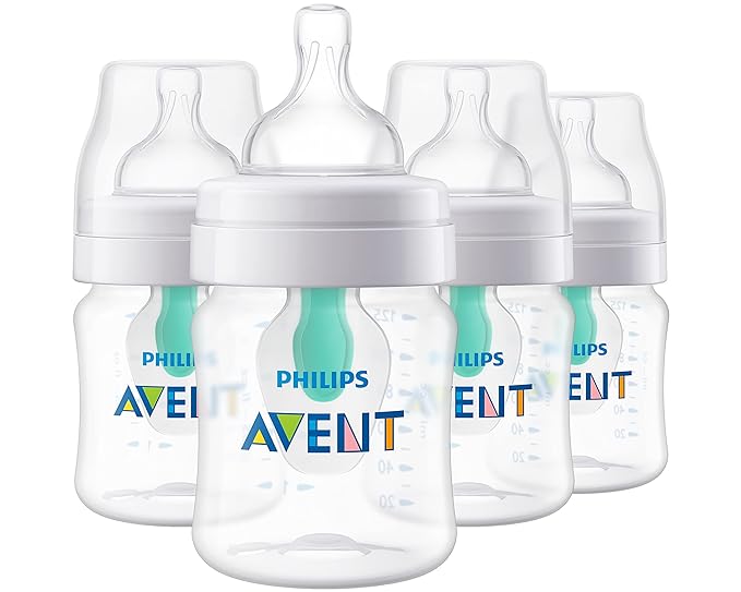 Philips Avent Anti-Colic Bottle with AirFree Vent, 4oz, with Flow 1 Nipples, 0m+, 4pk, Clear, SCY701/04