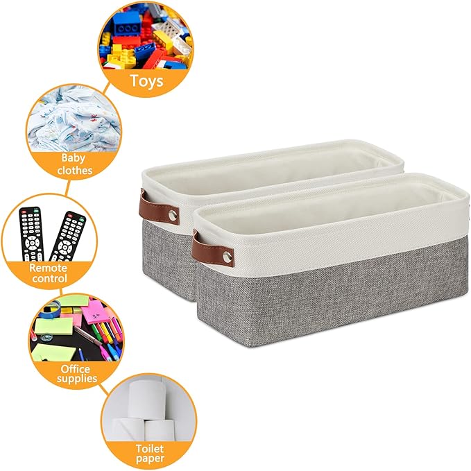 DULLEMELO Small Storage Baskets 15"x6"x5.5", Fabric Storage Bins for Toilet Tank Top [2 Pack], Back of The Toilet Basket (White&Grey)