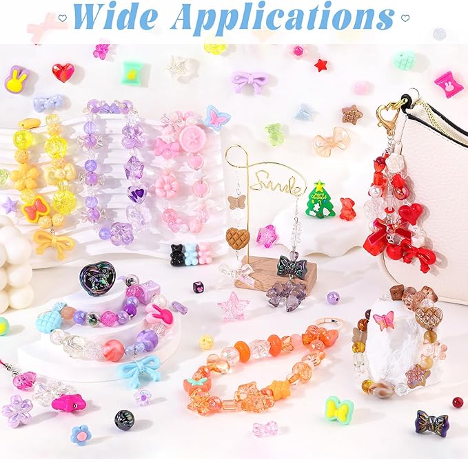 Assorted 170-230PCS Rose Pink Acrylic Beads for Bracelet Making, Flower Bow Butterfly GummyBear Aesthetic Bracelet Charms,Cute Beads for Jewelry Making DIY Necklace Keychain Phone Charm