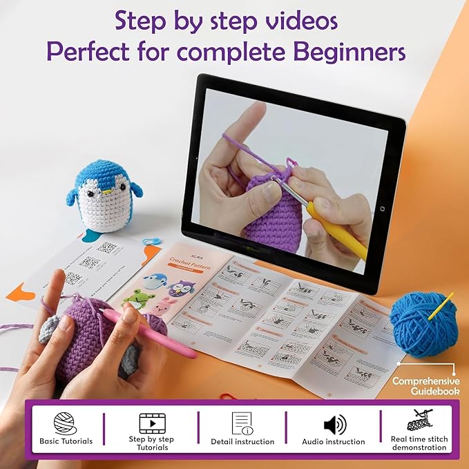 A-URA Learn to Crochet Kit for Beginners Kids and Adults, Premium 4 Animal Pattern Beginner Crochet Kits with Easy Tube Yarn & Step-by-Step Video Tutorials (Forest Friends–Standard Size)