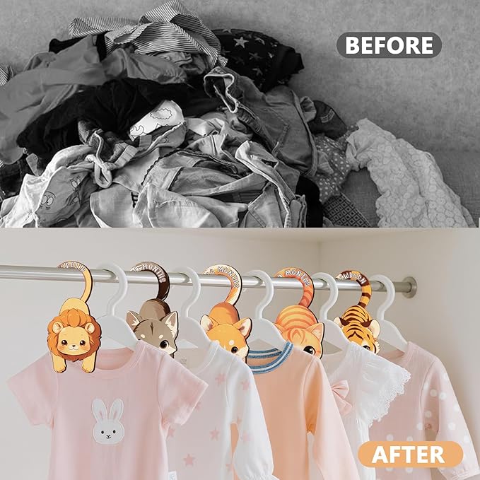 Baby Closet Dividers for Clothes - Set of 8 Unique Animals Design Baby Size Closet Divider Newborn to 24 Months, Babies Wardrobe Closet Organizer Nursery Decor Gender Neutral Kid Clothes Dividers