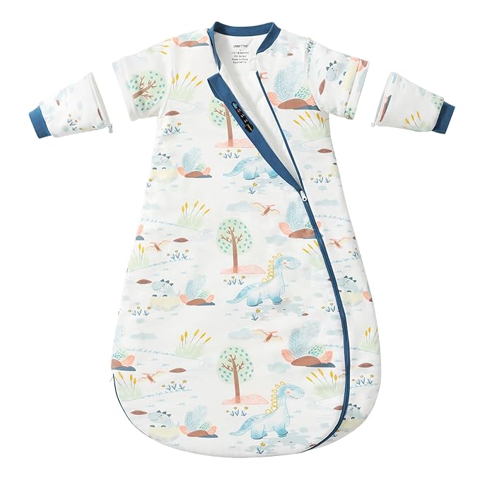 Baby Sleep Sack 12-18 Months, Cotton Detachable Long Sleeve Sleep Sack, 2.5 Tog Toddler Sleeping Sack with Temperature Strips, 2-Way Zipper Wearable Blankets for Newborns, Dinosaur