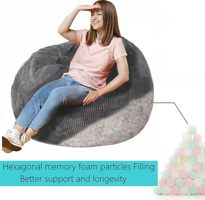 Bean Bag Chairs with Faux Rabbit Fur Cover, 4 ft Giant Memory Foam Bean Bag Chairs for Adults/Teens with Filling,Ultra Soft Faux Fur Fabric, Round Fluffy Sofa for Living Room Bedroom College Dorm