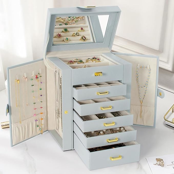 AKOZLIN Functional 6-Tier Jewelry Box Organizer with 5 Drawers Leather Jewelry Storage Case for Women Girls Ring Necklace Earring Bracelet Holder Organizer with Mirror Grey