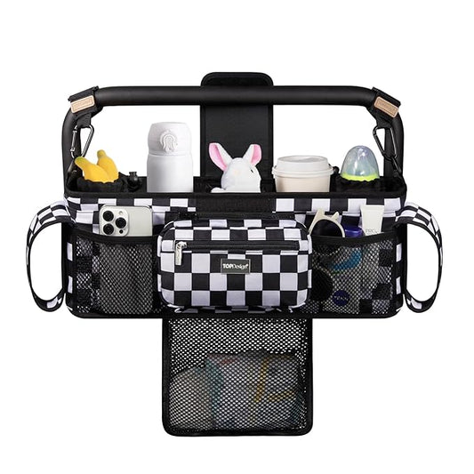 TOPDesign Universal Baby Stroller Organizer, Double Stroller Caddy with Detachable Mesh Bag & Heightened Insulated Cup Holders & Non-Slip Secure Hooks Accessories, Fits Most Strollers (Checkerboard)