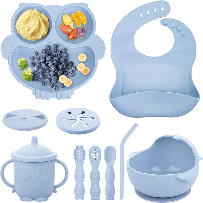 Baby Weaning Set, Silicone Baby Feeding Set(10 Pcs), Toddler Weaning Set with Adjustable Bib, Suction Bowl, Plate, Fork, Spoon, Water & Snack Cup Kit, Baby Led Weaning Kit for Babies and Kids