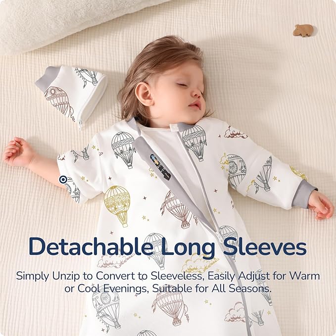 Baby Sleep Sack 3-6 Months, Cotton Detachable Long Sleeve Sleep Sack, 1.0 Tog Toddler Sleeping Sack with Temperature Strips, 2-Way Zipper Wearable Blankets for Newborns, Hot Air Balloon