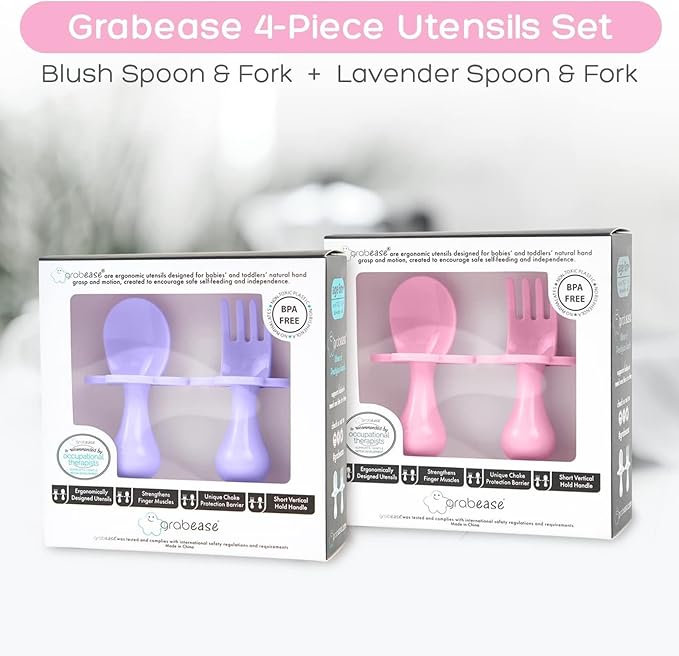 Grabease Baby Spoons Baby Led Weaning Supplies Toddler Forks Feeding, BPA-Free & Phthalate-Free for & Toddler, 2 Sets, Blush and Lavender