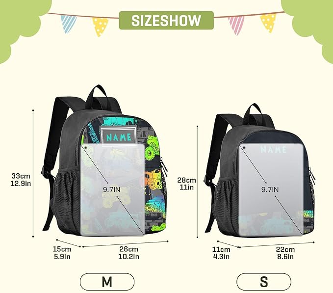 Colorful Monster Truck Toddler Backpack Waterproof Mini Backpack with Name/Text Preschool Backpack Cute Small Backpack Kindergarten Pre School Bags 13 Inch