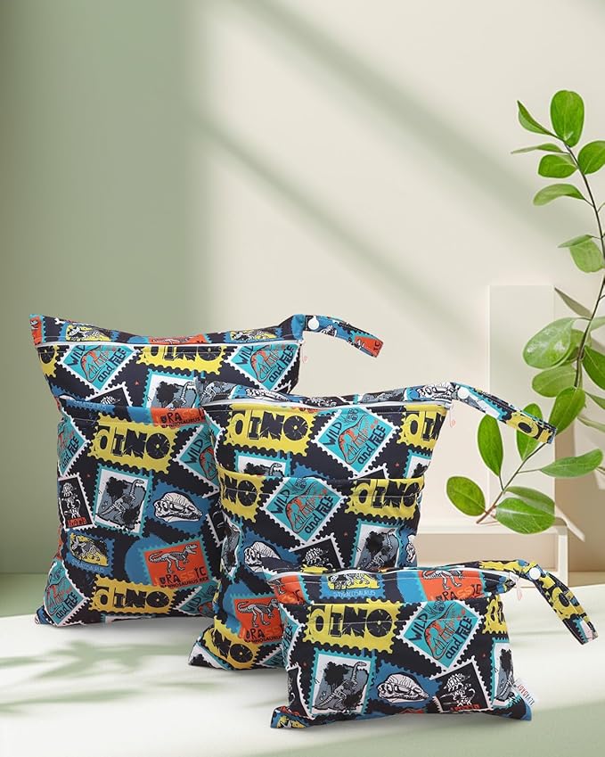 ALVABABY 3 Cloth Diaper Wet Dry Bags Waterproof Reusable with Two Zippered Pockets Travel Beach Pool Daycare Soiled Baby Items Yoga Gym Bag for Swimsuits or Wet Clothes Small medium Large 3L-SML09