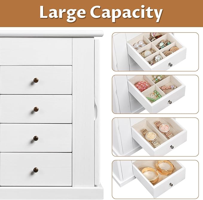 Jewelry Box for Women, 5 Layer Large Wood Jewelry Boxes & Organizers for Necklaces Earrings Rings Bracelets, Rustic Jewelry Organizer Box with Drawers and Mirror (Vintage White)