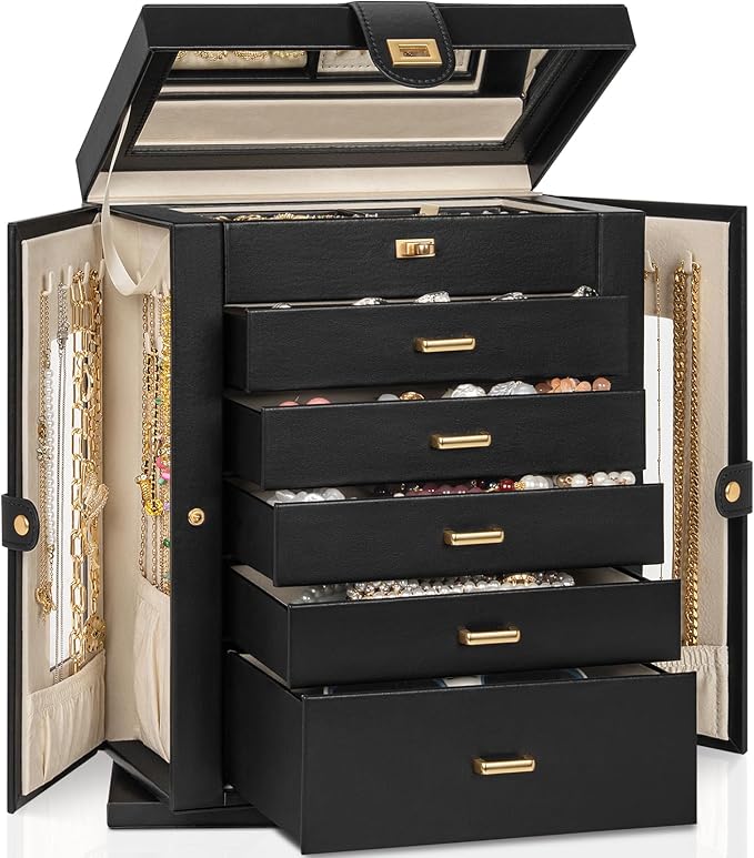 AKOZLIN Jewelry Box 6-Tier Organizer Functional 360° Rotating Jewelry Storage Case for Women Girls Ring Necklace Earring Bracelet Holder with Mirror