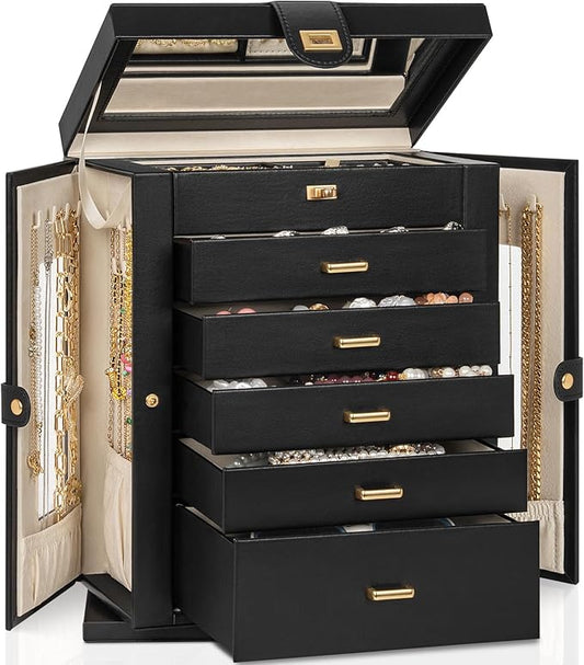 AKOZLIN Jewelry Box 6-Tier Organizer Functional 360° Rotating Jewelry Storage Case for Women Girls Ring Necklace Earring Bracelet Holder with Mirror