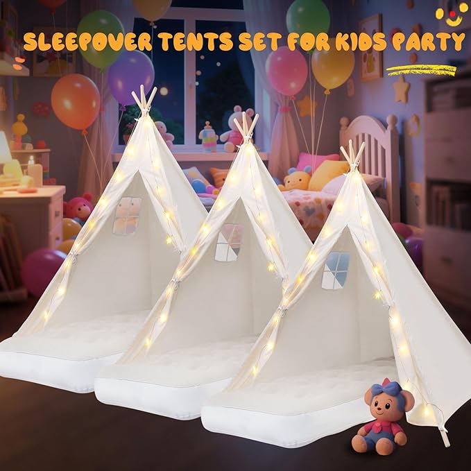 6 Pack Teepee Tent for Kids [Thickened] with Light String and Inflatable Airbed, Slumber Party Tents, Sleepover Tents Party for Girls Boys Indoor Outdoor (White)