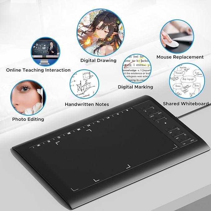 Graphic Drawing Tablet, ienRon 10x6.25 Inch,Digital Graphics Tablets for PC and Computer/Pad- 8192 Pressure Battery-Free Pen, 12 Hot Keys, Compatible Windows/Android, Includes Stand,Good Gifts,Black