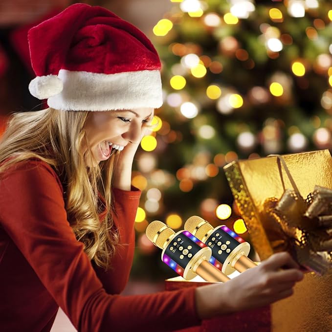 BONAOK Karaoke Microphone for Kids & Adults - Bluetooth Microphones Singing Mic with Disco Lights, Echo Effect, Built-in Speaker Portable Karaoke Player for Party Travel Gifts Q78(Gold)