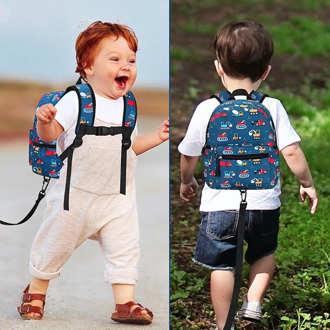 Accmor Toddler Backpack with Leash, Cute Baby Backpack with Anti Lost Wrist Link, Mini Kids Backpack Leash Walking Harness for Travel, Adjustable Excavator Backpack Tether for Boys Girls Ages 1-3