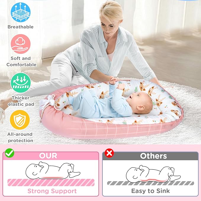 Baby Lounger - Baby Lounger for Newborn 0-24 Months, Breathable and Soft Cotton Cover Baby Nest, Portable Cozy Tummy Time Lounger for Home and Travel, Ideal Baby Essentials & Shower Gifts