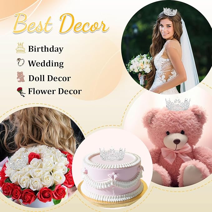 CAVETEE Mini Crown Cake Topper, Small Princess Tiara Crystal Crown Flower Bouquets Accessories for Cake Topper, Flower Arrangements and Decorations (silver)