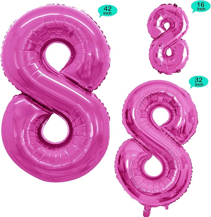 GOER Hot Pink Foil Balloons Number 8,Huge Number Balloons for 8th Birthday Party Supplies Anniversary Decorations(3 pcs,42 inch,32 inc,16inch)
