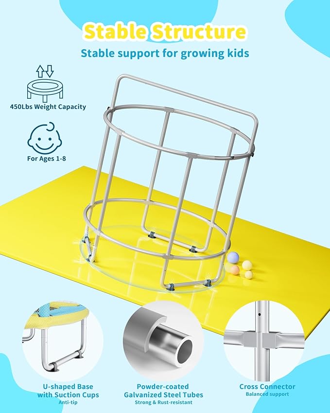 55” Trampoline for Kids, Powder-Coated Mini Trampoline for Toddlers, Indoor Outdoor Toys with Adjustable Gymnastics Bar, Swing, Basketball Hoop, Birthday Gifts for Boys & Girls Ages 1-8