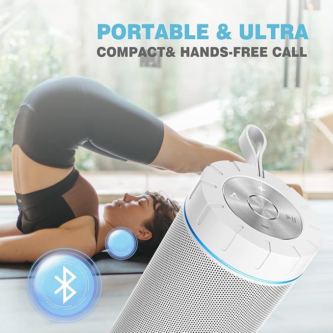 comiso X26 Bluetooth Speaker, IPX4 Waterproof Speakers 360° HD Surround Sound with Punchy Bass, Wireless Dual Pairing, 24H Playtime, Portable Speaker for Shower, Home, Outdoor, Camping, Beach-White